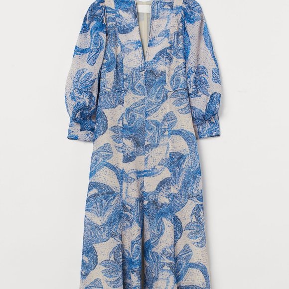 H&M CONSCIOUS EXCLUSIVE 100% Silk Mosaic Midi Puff Sleeve Cocktail Dress - Picture 4 of 12